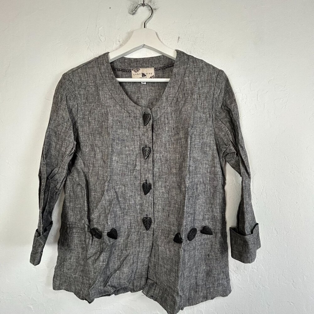 Earth Song Petite Gray Linen Button-Up Blouse With Unique Leaf Buttons Size 4P